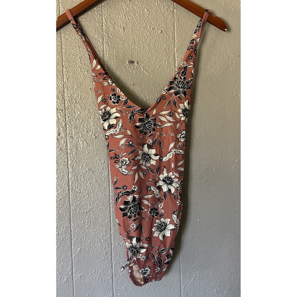 Kona Sol One Piece Strappy Swimsuit Floral Black Mauve Size M Built In Bra